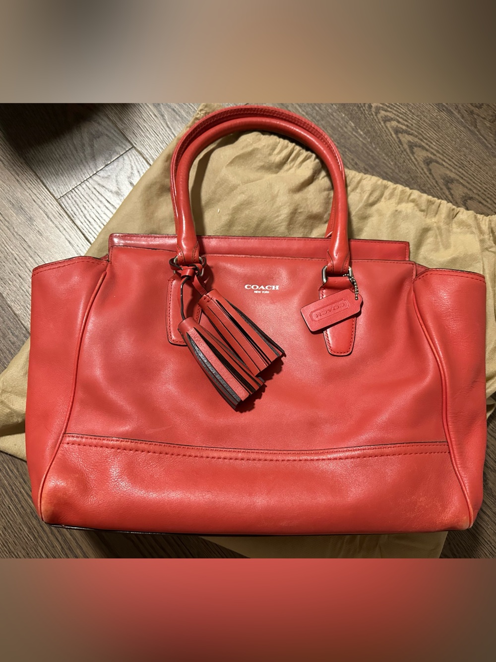 Coach Coral Red Leather Tote with Tassel Charm